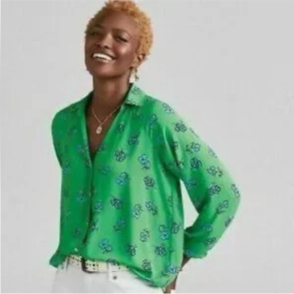 CAbi GO TO Blouse TOP Teal and Blue Patterned Top M